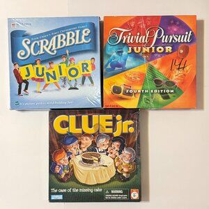 Lot of 3 Kids/Family Board Games Scrabble, Clue, Trivial Pursuit Junior